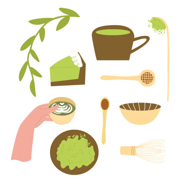 sammlung von verschiedenen lebensmitteln matcha ein köstlicher schokoladenkuchen, ein latte becher in der hand. - tea cup tea green tea chinese tea stock-grafiken, -clipart, -cartoons und -symbole