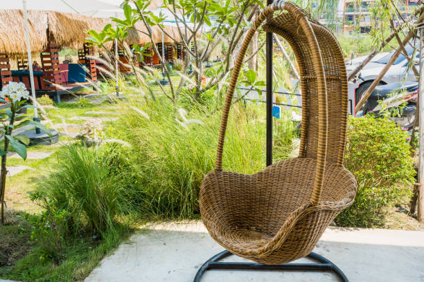 istock Wicker rattan hanging chair in loft cafe 1312081243