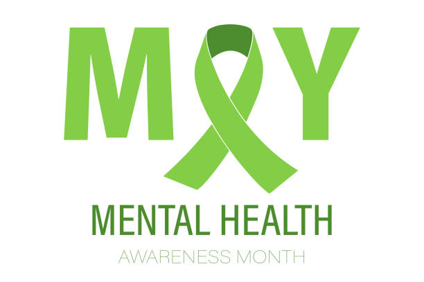 The concept of Mental Health Awareness Month. Simple flat-style typography design, vector The concept of Mental Health Awareness Month. Simple flat typographic design. Green text with a ribbon-awareness symbol isolated on a white background. may stock illustrations