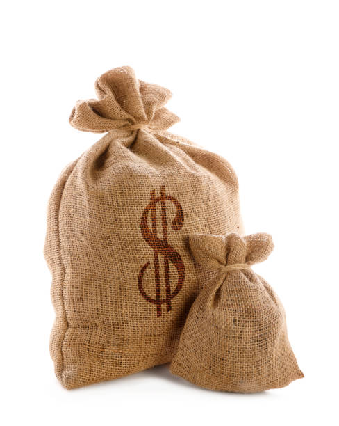 istock Burlap bags and one with dollar sign on white background 1312083404