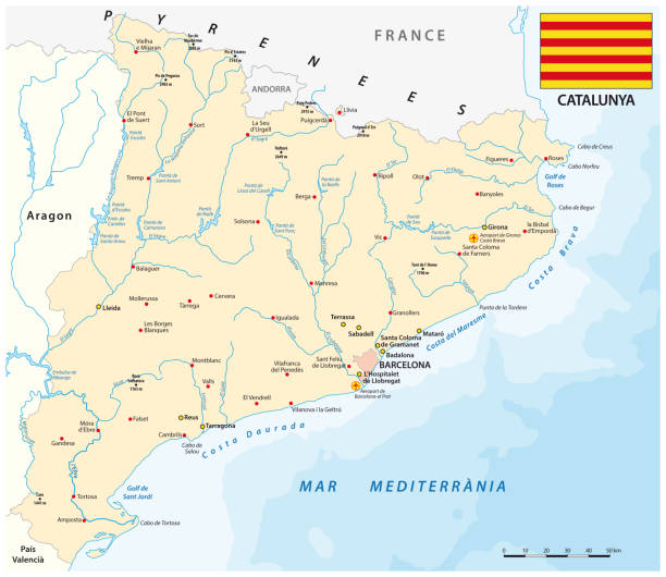 bayraklı i̇spanya katalonya bölgesinin vektör haritası - girona stock illustrations