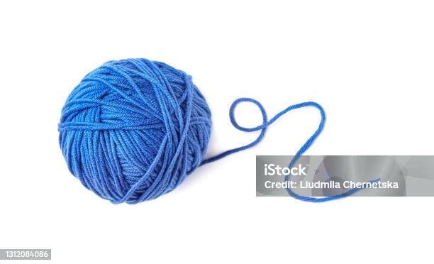 Soft Blue Woolen Yarn Isolated On White Top View Stock Photo - Download Image Now - Ball Of Wool, Cut Out, Blue