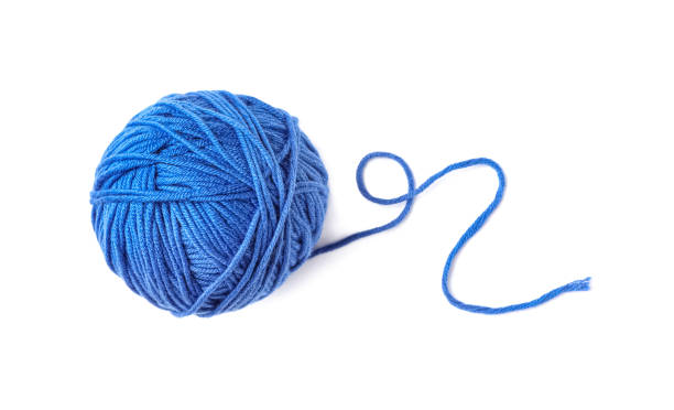 soft blue woolen yarn isolated on white, top view - yarn ball imagens e fotografias de stock