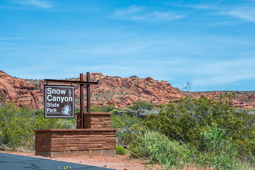 Snow Canyon SP, UT, USA - May 17 2020: A welcoming signboard at the entry point of the park