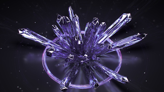 Druse of purple amethyst raw crystals. 3D rendering
