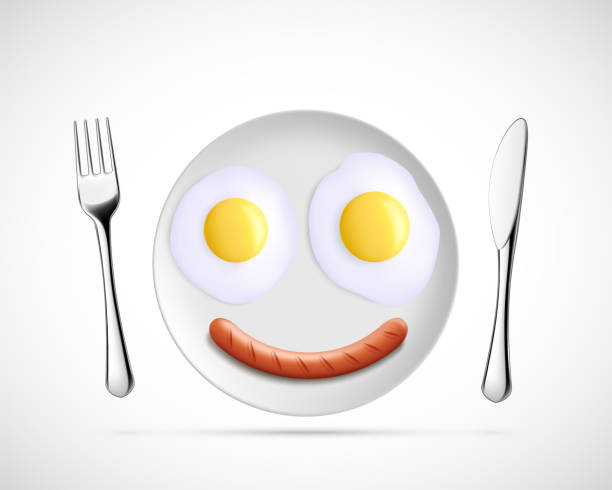 обжаренные яйца с колбасой в виде смайлика - fork plate isolated scrambled eggs stock illustrations