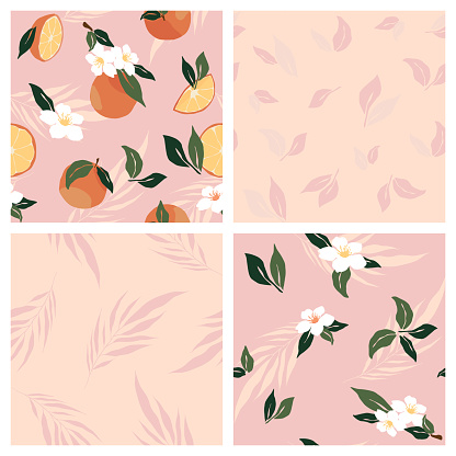 Set of Tropical seamless pattern with oranges, flower, leaf, dot on pink background. Trendy fruit repeated background. Vector exotic design for paper, cover, fabric, interior decor, print, wallpaper.