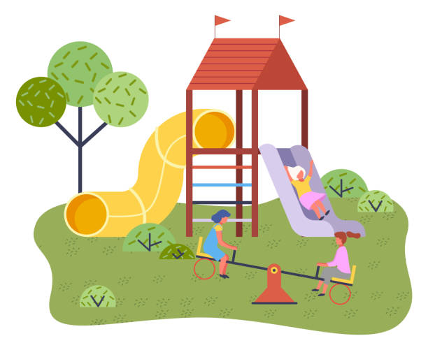 ilustrações, clipart, desenhos animados e ícones de playground de verão infantil com balanços de slides e outros elementos de parque de diversões para crianças - preschooler playing family summer
