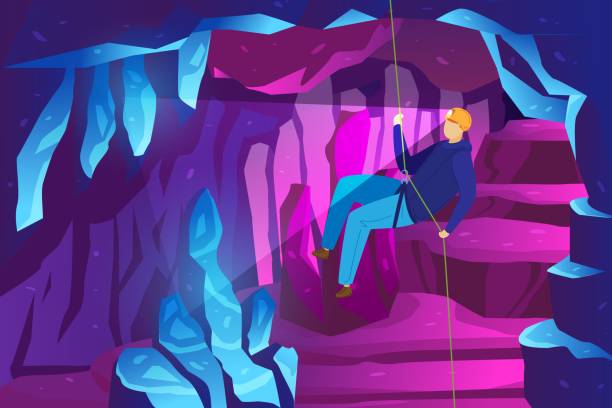 kletterabenteuer in den bergen, studie eishöhlen, extremsport spelunker vektor illustration. felsen in den bergen, höhlenreise. - höhlenklettern stock-grafiken, -clipart, -cartoons und -symbole