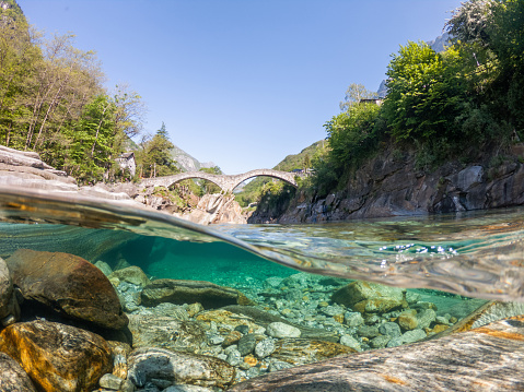 Perspective from below the river overlooking at the bridge\nSplit screen underwater shot