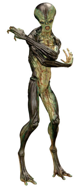 istock 3D illustration green alien on white 1312090605