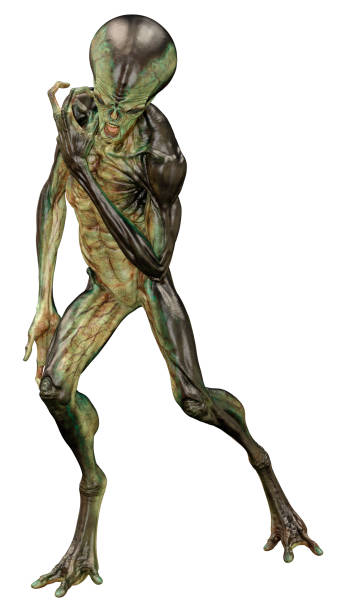 istock 3D illustration green alien on white 1312090620
