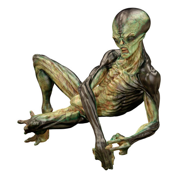 istock 3D illustration green alien on white 1312090631