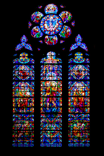 Stained glass shot of the cathedral Notre-Dame de Verdun built in the tenth century in Romanesque style, then between the XIV and XVI century remodeled in Gothic style and completed in the eighteenth century in Baroque style, at 18/135, 1000 iso, f 4.5, 1/160 second