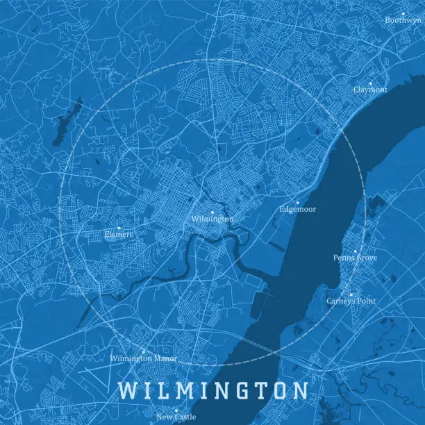 Vector illustration of Wilmington DE City Vector Road Map Blue Text