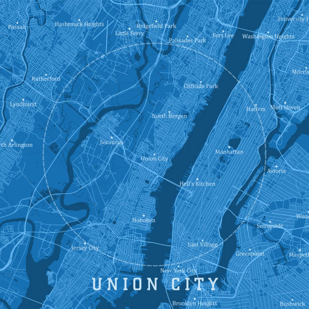 ilustraciones, imágenes clip art, dibujos animados e iconos de stock de union city nj ciudad vector road map texto azul - east river illustrations