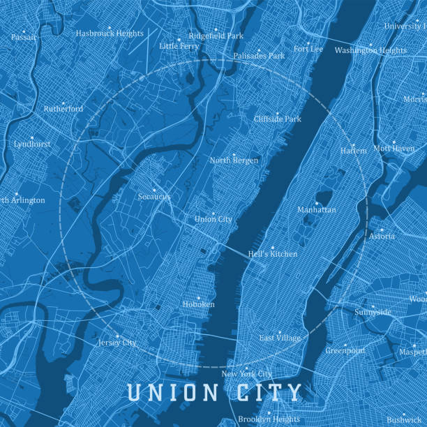 ilustrações de stock, clip art, desenhos animados e ícones de union city nj city vector road map blue text - east river illustrations