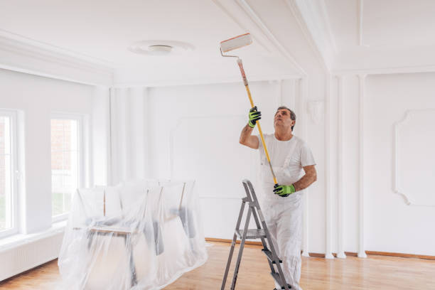 Male painter painting a ceiling One man, mature male house painter standing on a ladder and painting a ceiling with paint roller, indoors in a house. house painter ladder paint men stock pictures, royalty-free photos & images