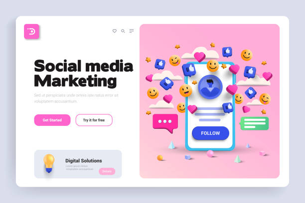 Social Media Marketing 3d illustration Social Media Marketing, online social communication applications concept, emoji, hearts, chat and chart with smartphone background.Landing Page design template.  3d Vector illustration thumbs up 3d stock illustrations