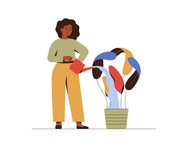 Vector illustration of Black woman growing and watering business idea. African American female entrepreneur cares about her eco-green project. Corporate Social Responsibility concept.