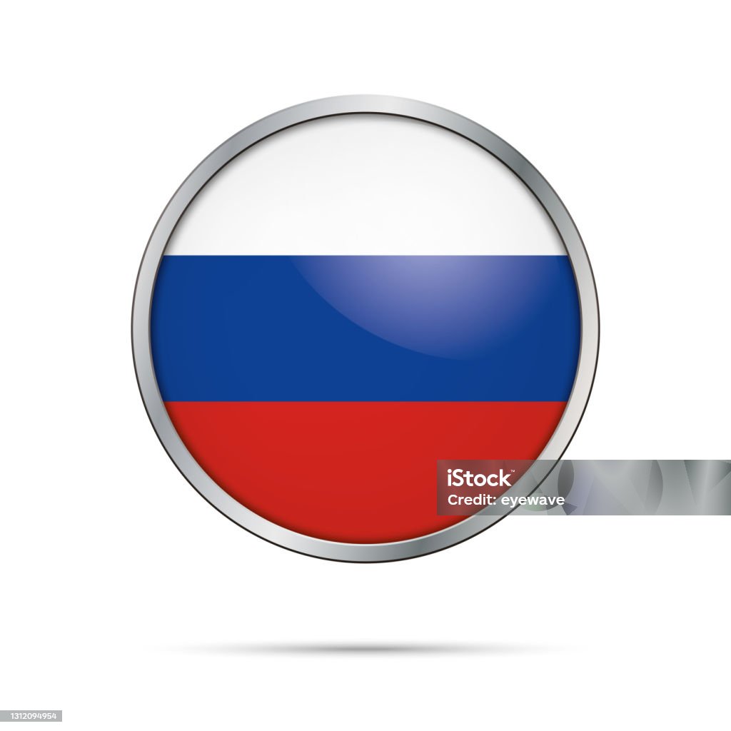 Round button with metal frame. Illustration of flag of Russia