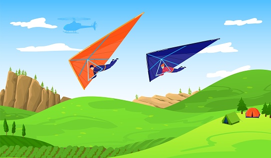 Paragliders in sky abouve forest, extreme sport adventure vector illustration. Paraplane free fly paragliding sports. Wind skydiving and recreation. Sportsmen on paraplan in air, hang gliding.