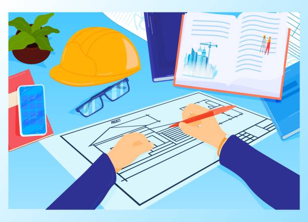 Construction project workplace at architect table vector illustration. House plan with tools, smartphone and book. Engineering. Construction project workplace at architect table vector illustration. House plan with tools, smartphone and book. Engineering design. Building construction, trends in design or architecture. Step-by-Step Approach to Writing a High-Quality Civil Engineering Assignment stock illustrations