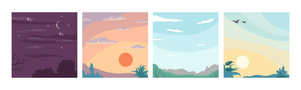 ilustraciones, imágenes clip art, dibujos animados e iconos de stock de paisaje del cielo diferentes momentos del día y la noche, fondos de dibujos animados planos. lunas vectoriales y estrellas, amanecer y puesta de sol, vista de verano sin nubes del horizonte con pájaros voladores. soñando, concepto de inspiración - day dreaming illustrations