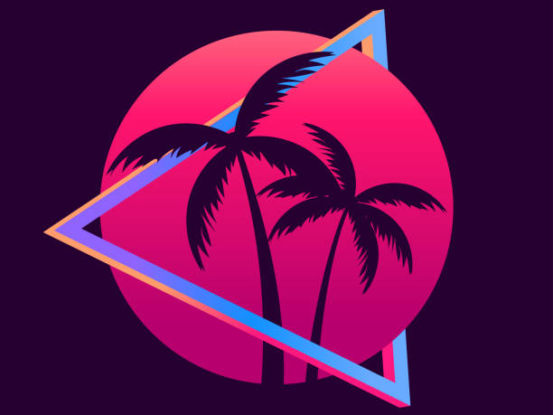istock 80s retro sci-fi palm trees on a sunset. Retro futuristic sun with palm trees. Synthwave and retrowave style. Design for advertising brochures, banners, posters, travel agencies. Vector illustration 1312099108