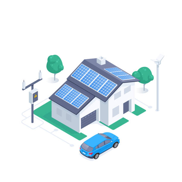 solar powered house isometric vector illustration isolated on white background, solar powered house and electric car, ecological green energy solar panel stock illustrations