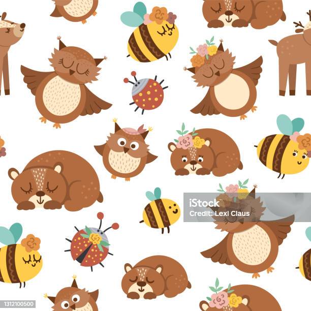 Vector Seamless Pattern With Woodland Animals Insects And Bird Boho Forest  Repeating Background Bohemian Digital Paper