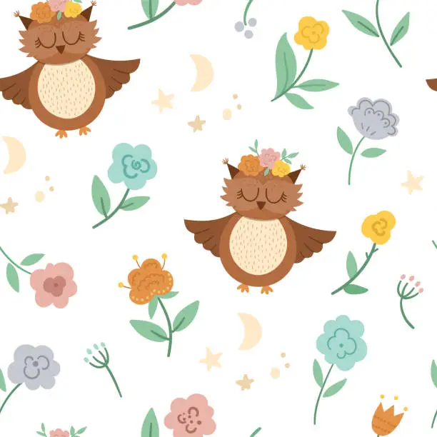 Vector illustration of Vector seamless pattern with woodland bird and flowers. Boho forest repeating background. Bohemian digital paper with owl with spread wings.