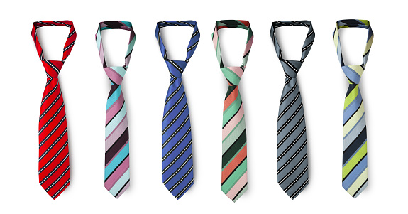 Strapped neckties in different colors, men's striped ties. Isolated on white background