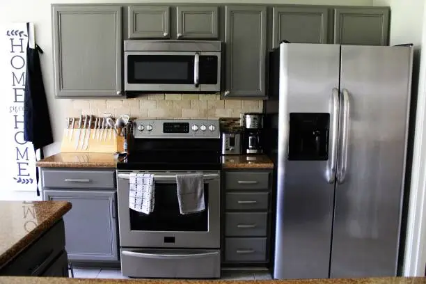 modern stainless steel appliances in a simple sage gray kitchen