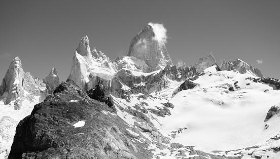 Black and white picture of Fitz Roy mountain, Patagonia.