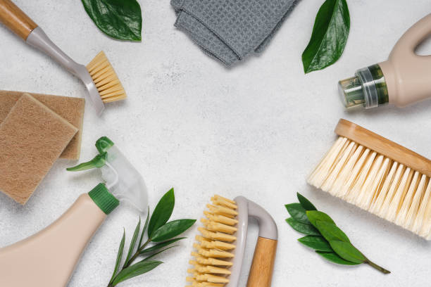 Eco brushes, sponges and rag on white background