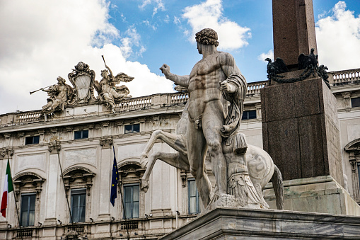 Statue of Roman Emperor Marcus Aurelius on horseback in front of the Palazzo Senatorio in the Piazza del Campidoglio in Rome, Italy