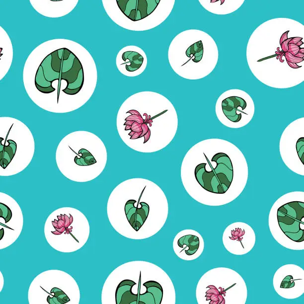 Vector illustration of Water lily and bubbles seamless pattern on turquoise background