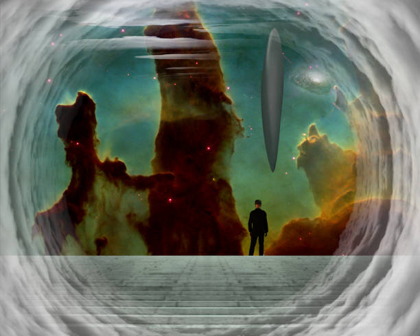istock Man in black suit and UFO in vivid sky 1312104786