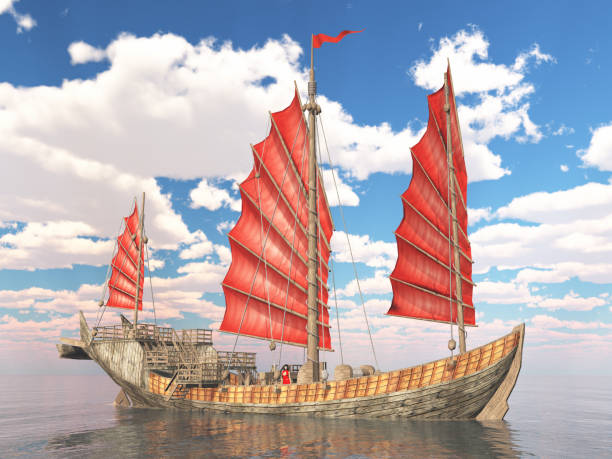 istock Chinese junk ship in the open sea 1312106027