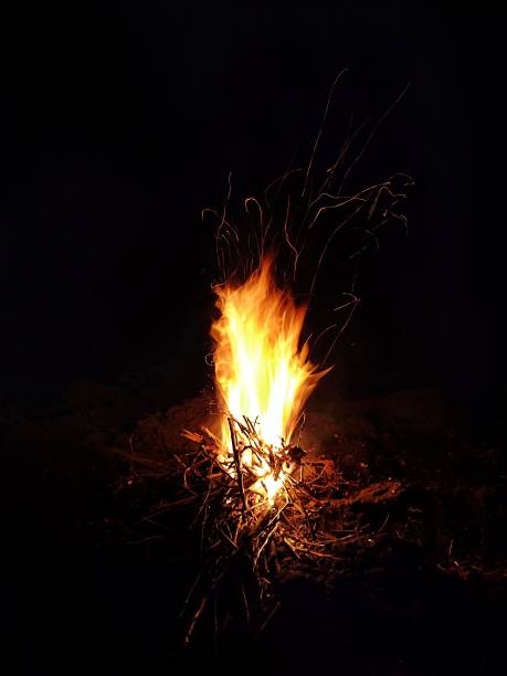 istock Fire burns at night. campfire on a black background. Sparks fly from the bonfire. 1312106749