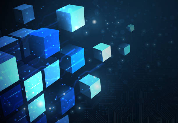 Blockchain Network Background The small blue cubes come together to form the big cubic data block. Can be used Blockchain concepts. (Used clipping mask) blockchain technology stock illustrations
