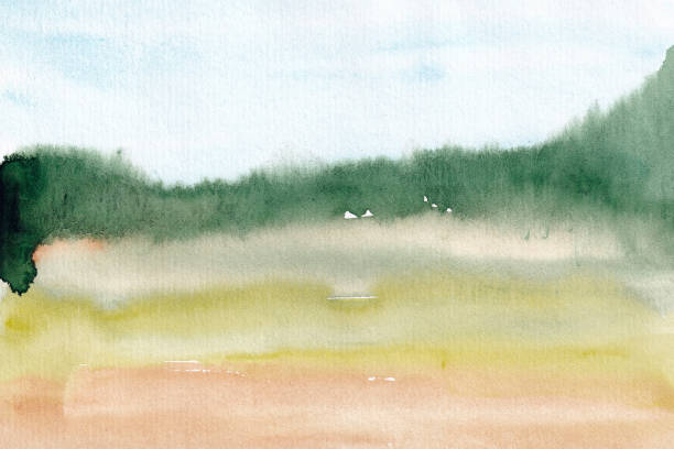 istock Watercolor background. Watercolor blurred landscape with fog and forest, trees and fields. 1312107774