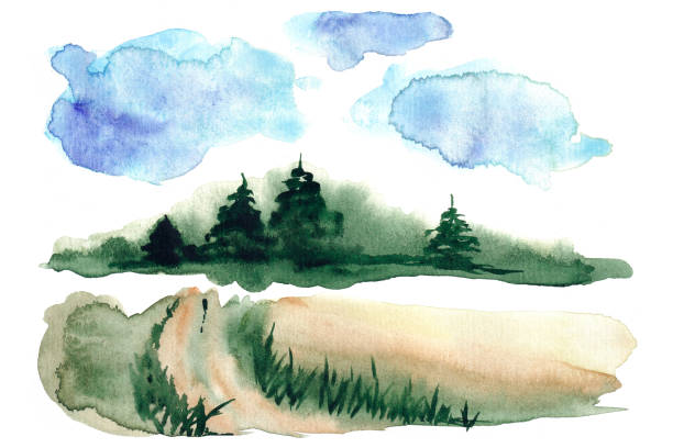 istock Watercolor background. Watercolor blurred landscape with fog and forest, trees and fields. and village roa 1312107786