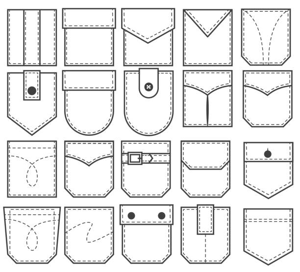 illustrations, cliparts, dessins animés et icônes de ensemble de patchs de poche. esquissez des éléments pour des vêtements, des robes et des chemises uniformes ou décontractés. illustration de vecteur de ligne sur le fond blanc - pocket