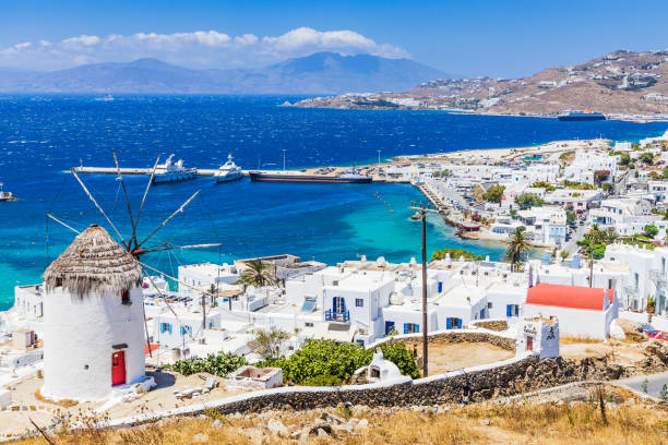 mykonos, grecia. - santorini greece villa beach fotografías e imágenes de stock