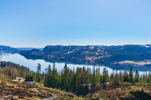 Lake Tyrifjorden located in Buskerud, Norway. View from Berntsegård bus stop near the village of Sollihøgda, Viken fylke, Norway, Scandinavia