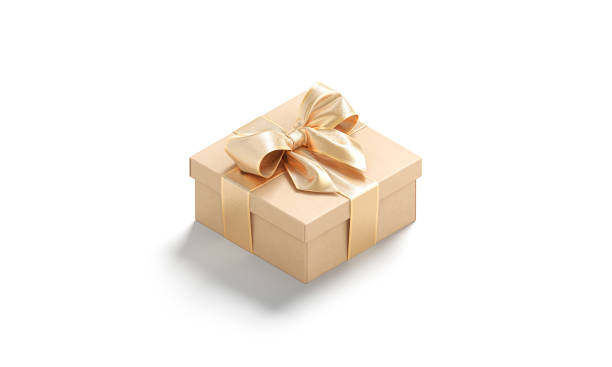 Blank gold gift box with ribbon bow mockup, side view Blank gold gift box with ribbon bow mockup, side view, 3d rendering. Empty square mistery packaging for prize or give away mock up, isolated. Clear craft container for bestow idea template. unusual basket stock pictures, royalty-free photos & images