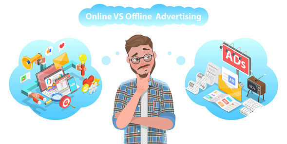 3D Vector Conceptual Illustration of Online vs Offline Advertising, Social Media Campaig, Inbound vs Outbound Marketing Strategy.