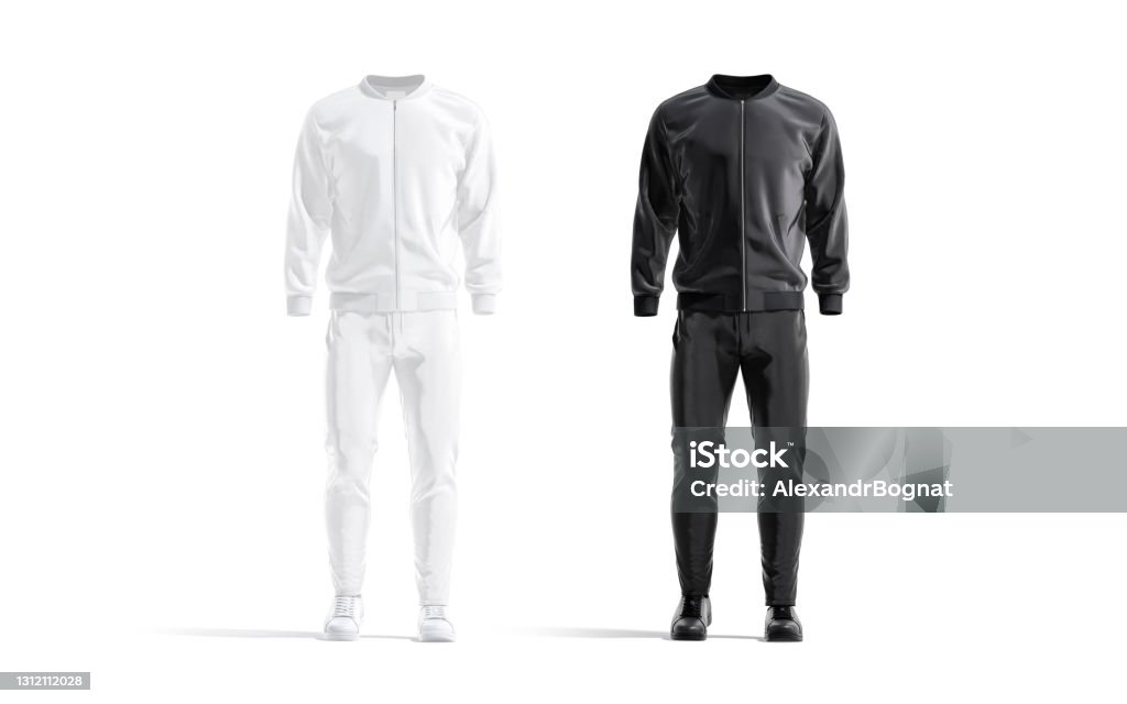 Blank black and white sport tracksuit with bomber, pants mockup Blank black and white sport tracksuit with bomber, pants mockup, 3d rendering. Empty gym outwear for sportsman mock up, front view, isolated. Clear jacket, sweatpants and sneakers template. Tracksuit Stock Photo